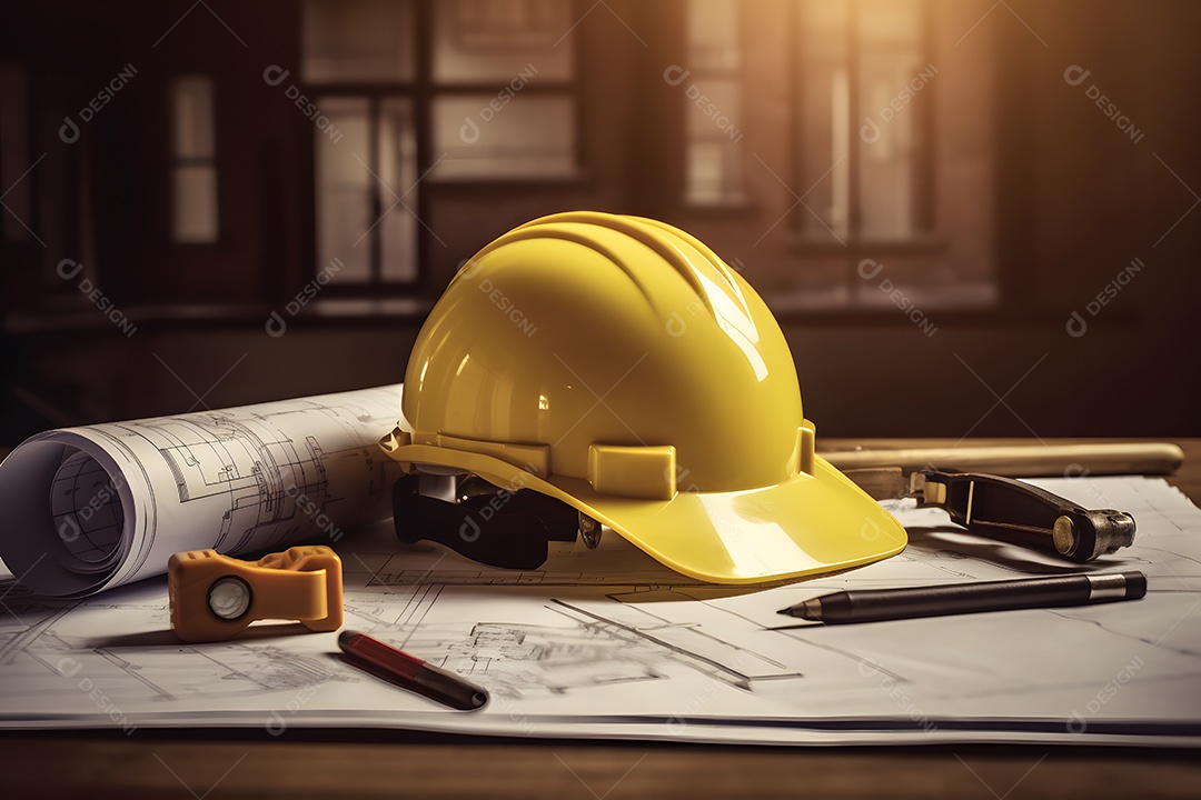 Capacete e folhas de projeto do arquiteto