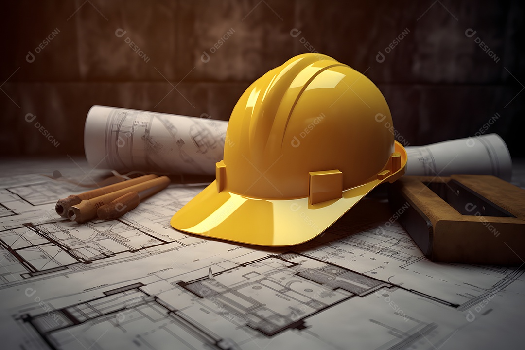 Capacete e folhas de projeto do arquiteto