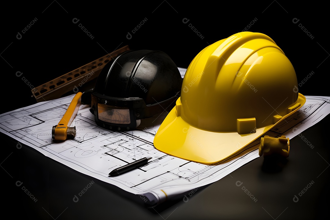 Capacete e folhas de projeto do arquiteto