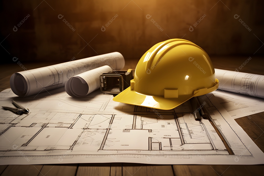 Capacete e folhas de projeto do arquiteto