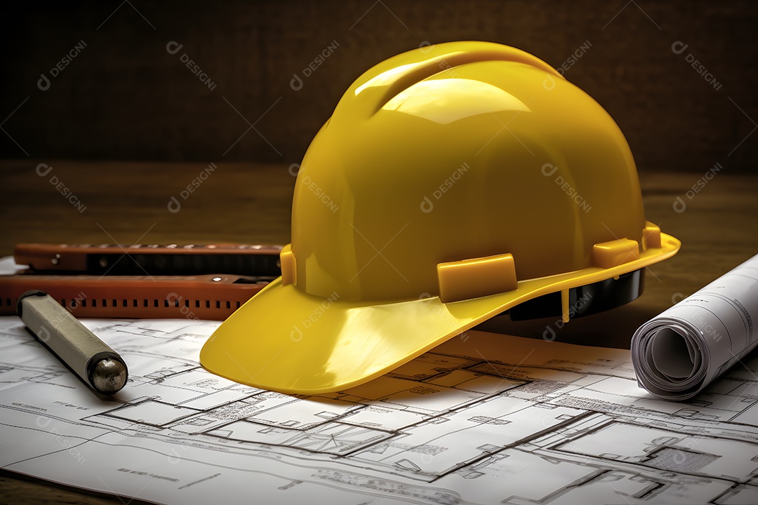 Capacete e folhas de projeto do arquiteto