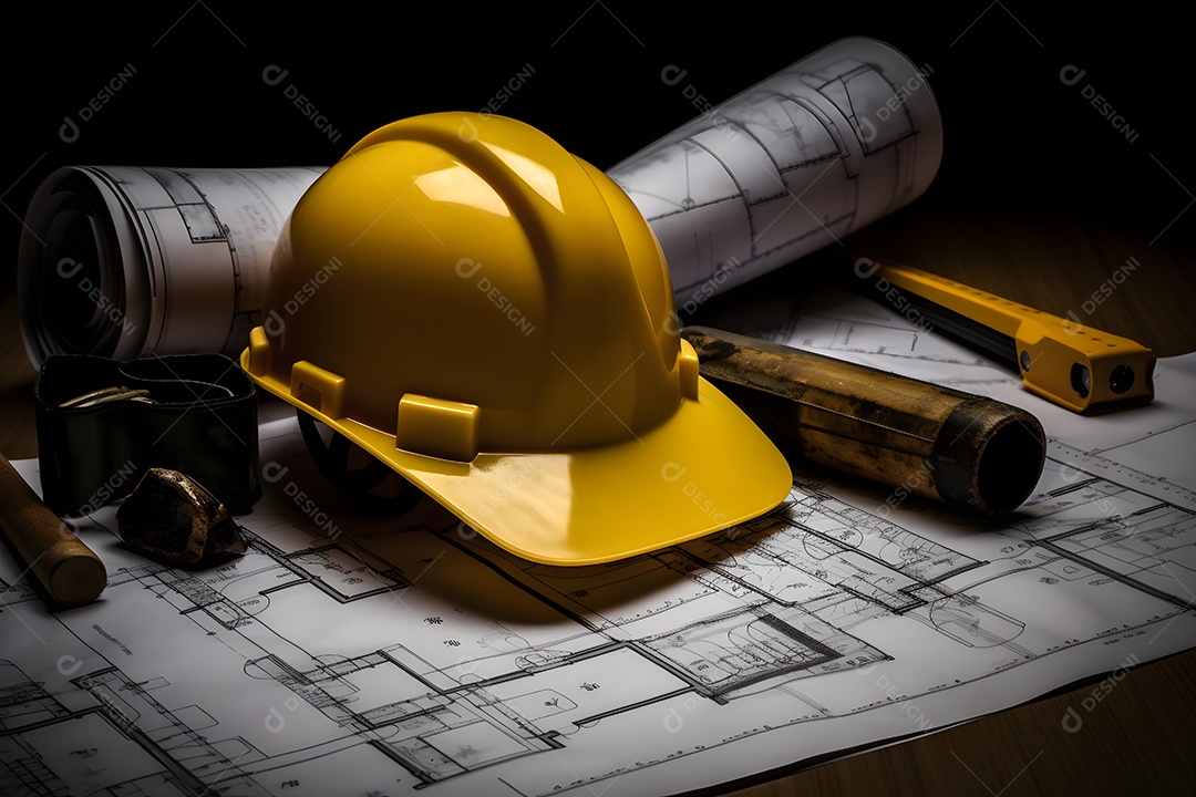 Capacete e folhas de projeto do arquiteto