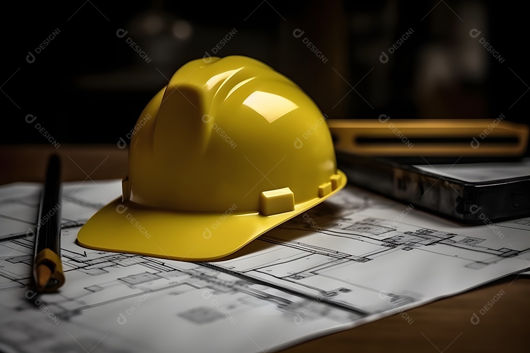 Capacete e folhas de projeto do arquiteto