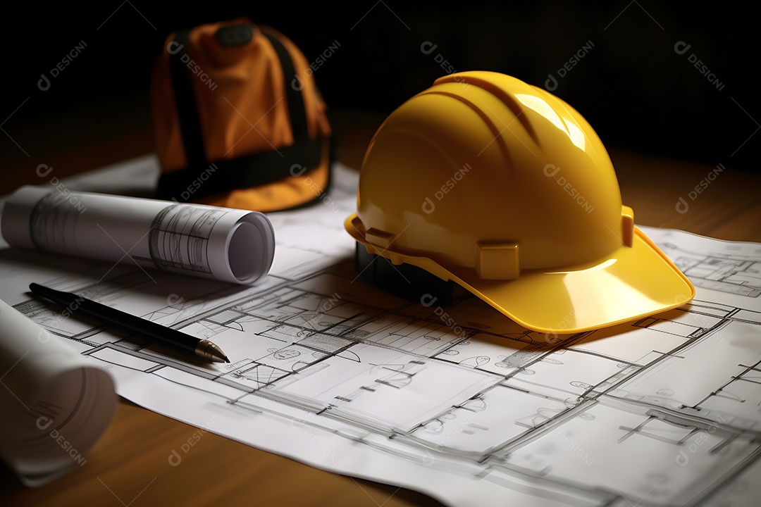 Capacete e folhas de projeto do arquiteto