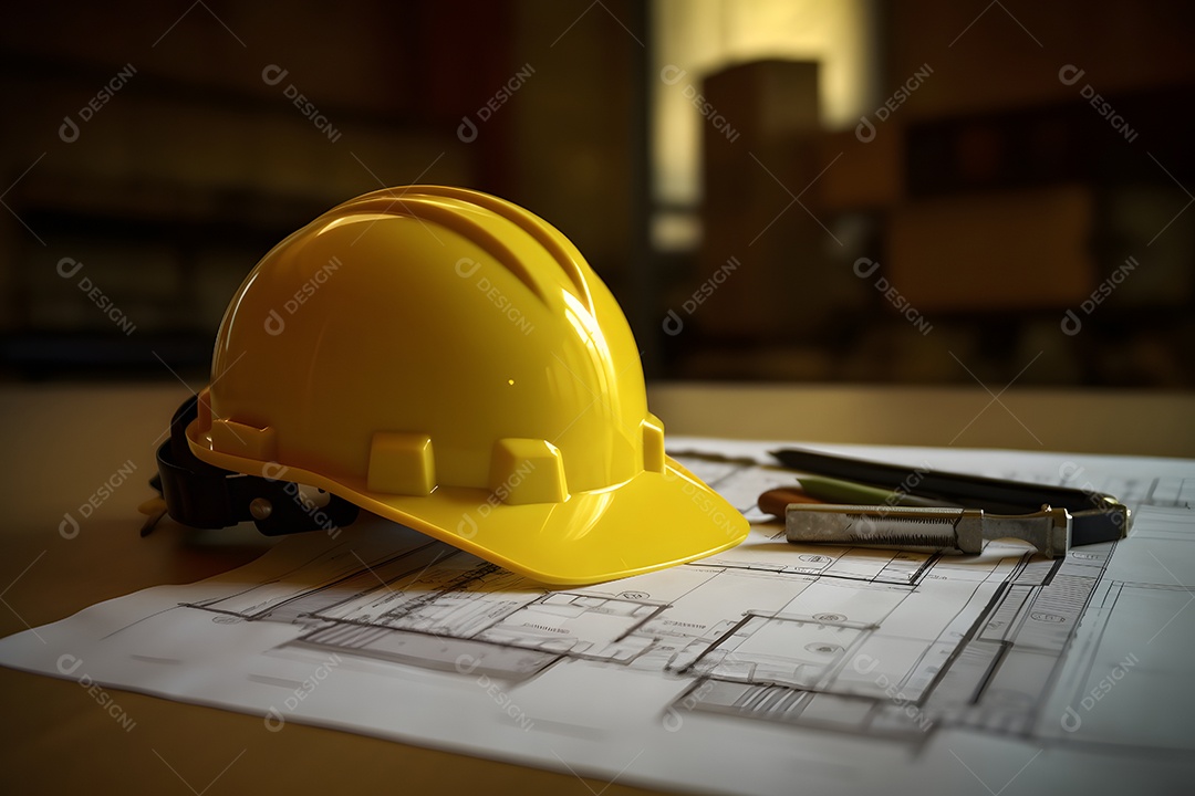 Capacete e folhas de projeto do arquiteto