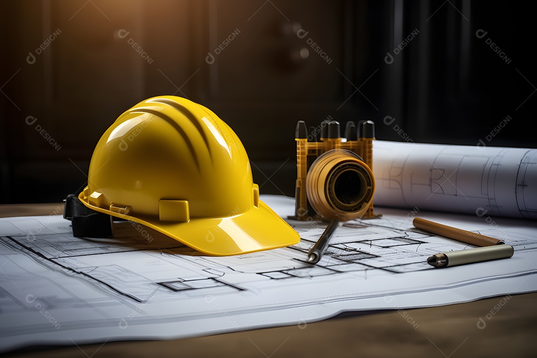 Capacete e folhas de projeto do arquiteto