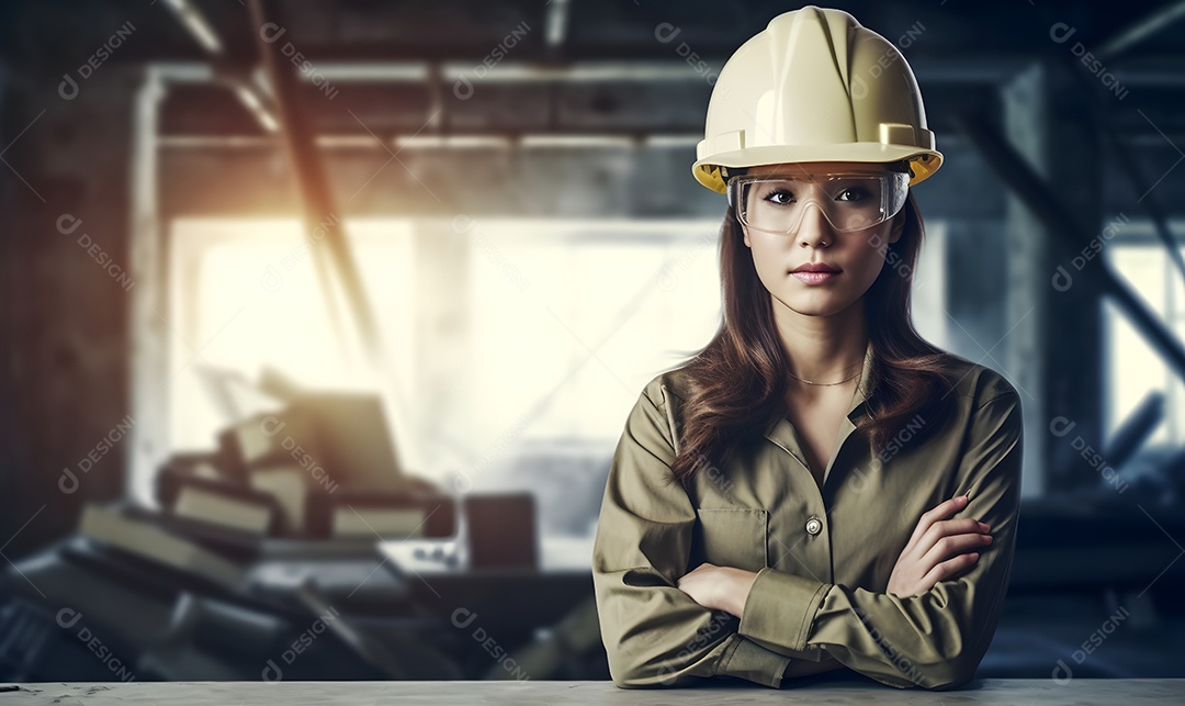 Mulher arquiteta com capacete visitando a obra