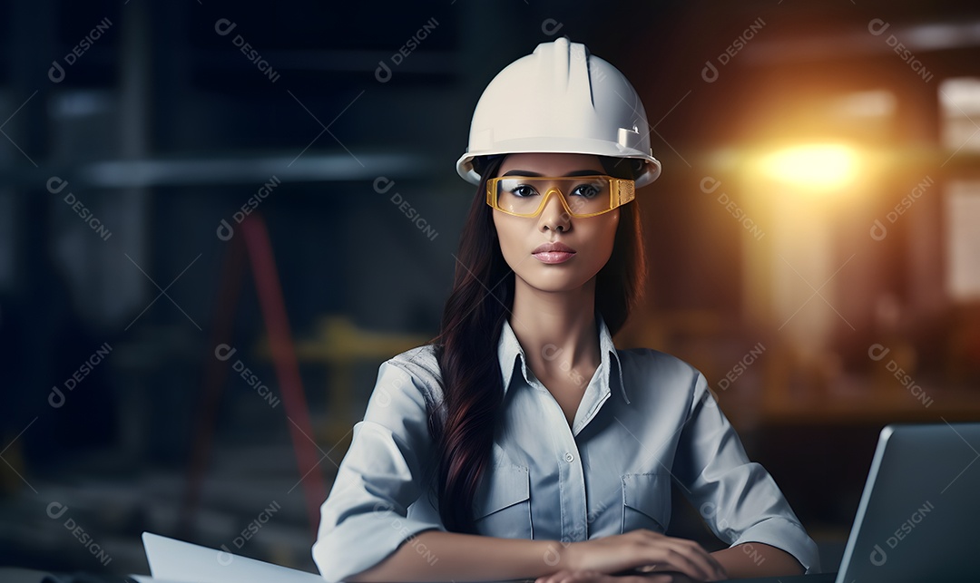 Mulher arquiteta com capacete visitando a obra
