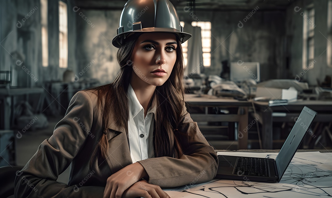 Mulher arquiteta com capacete visitando a obra