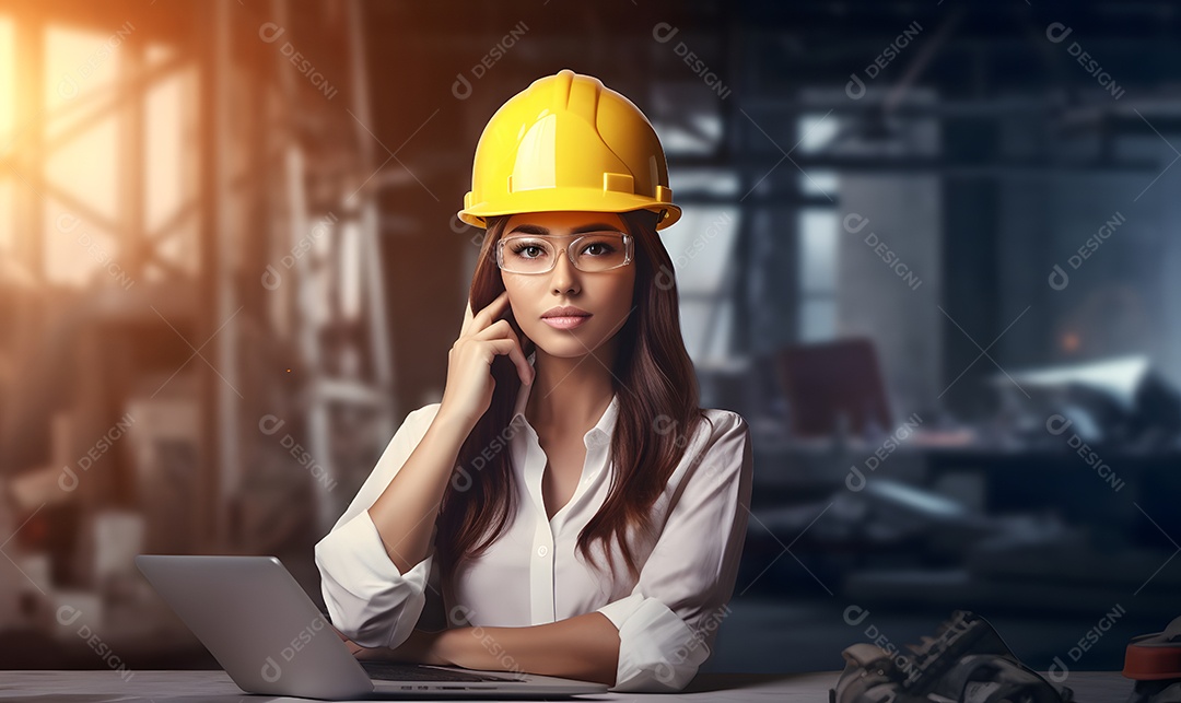 Mulher arquiteta com capacete visitando a obra