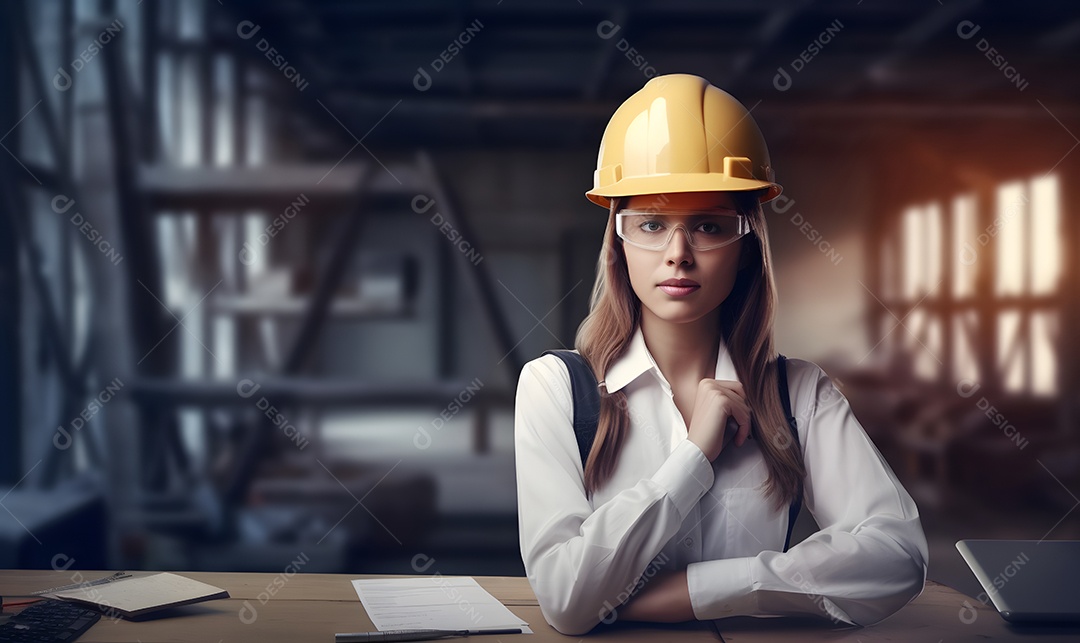 Mulher arquiteta com capacete visitando a obra