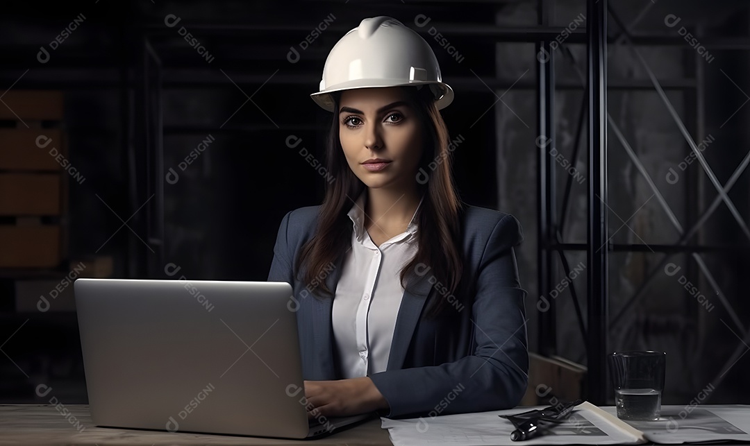 Mulher arquiteta com capacete visitando a obra
