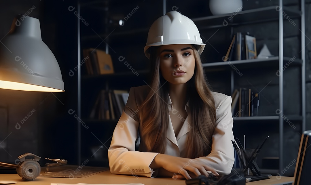 Mulher arquiteta com capacete visitando a obra