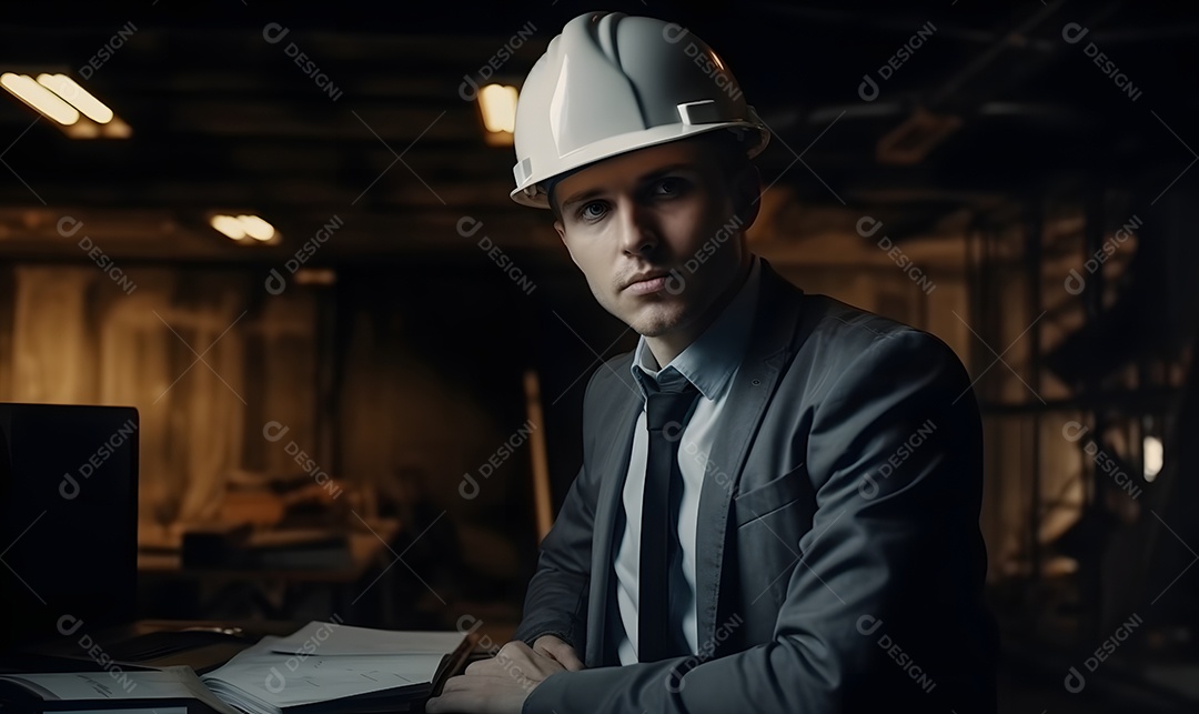 Homem arquiteto com capacete visitando a obra
