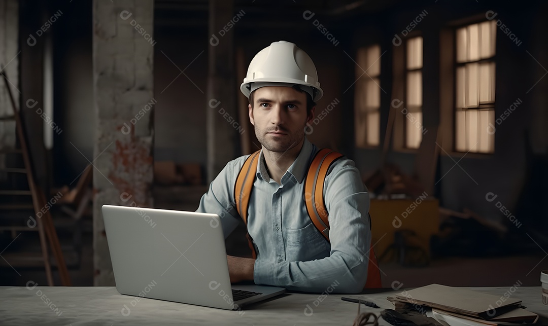 Homem arquiteto com capacete visitando a obra