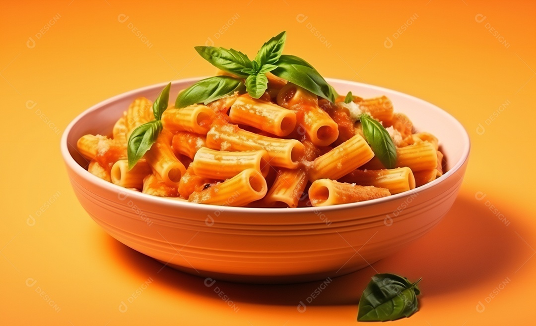 Delicioso macarrão com molho vermelho e manjericão