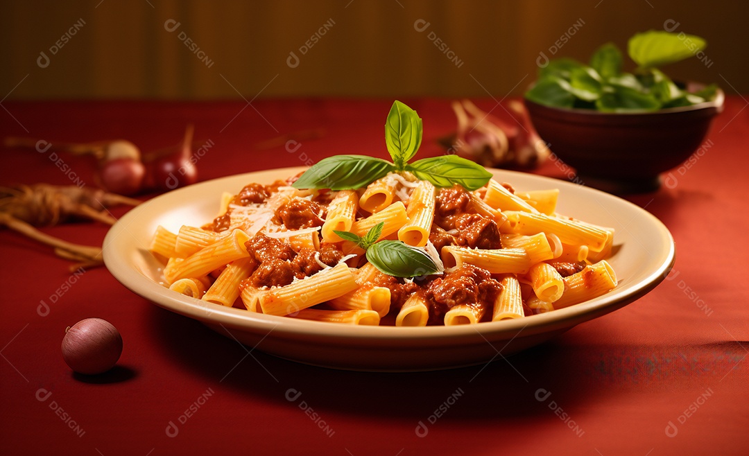 Delicioso macarrão com molho vermelho e manjericão