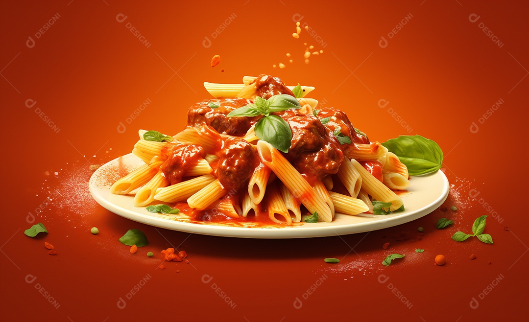 Delicioso prato de macarrão com molho de tomate e manjericão