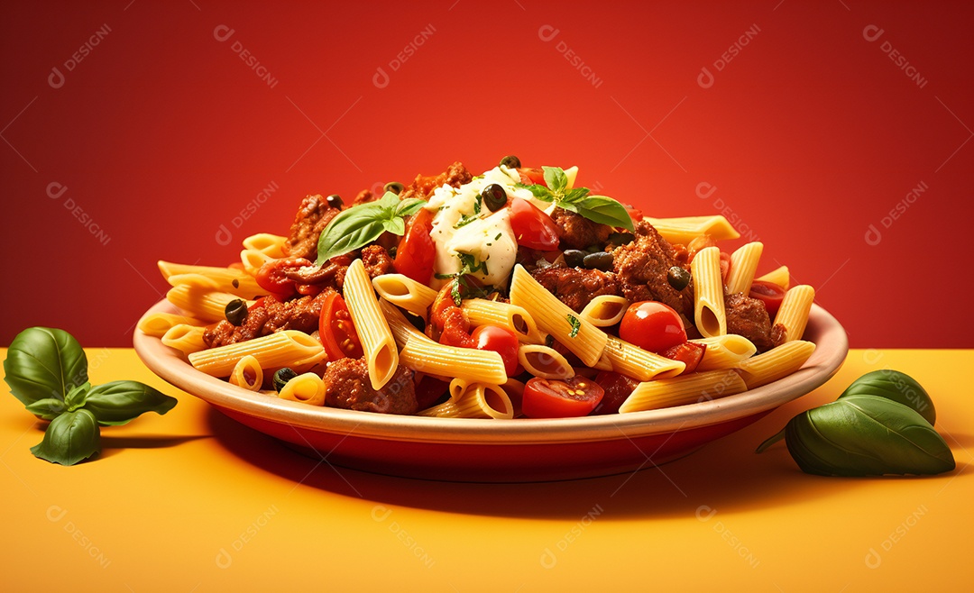 Delicioso prato de macarrão com molho a bolonhesa e manjericão