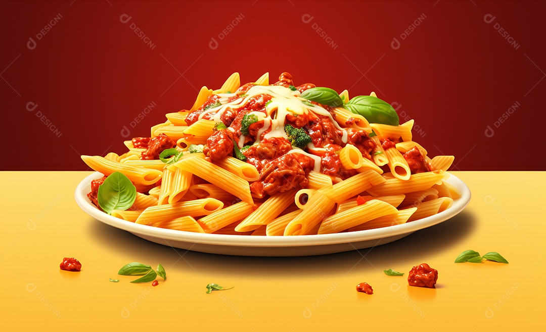 Delicioso prato de macarrão com molho a bolonhesa e manjericão