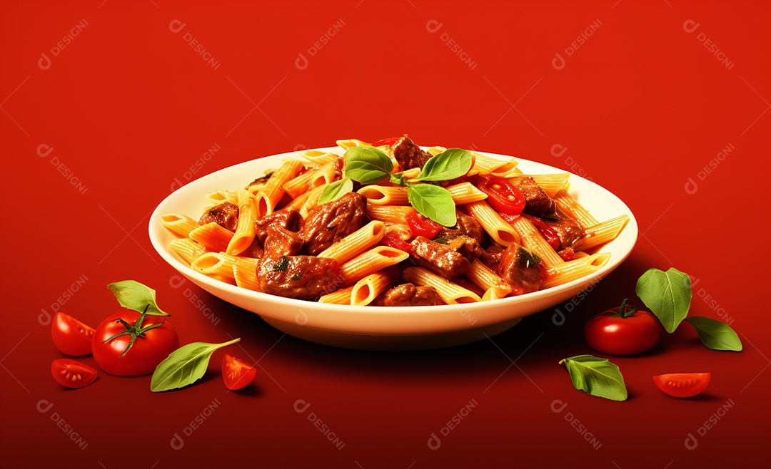 Delicioso prato de macarrão com molho a bolonhesa e manjericão