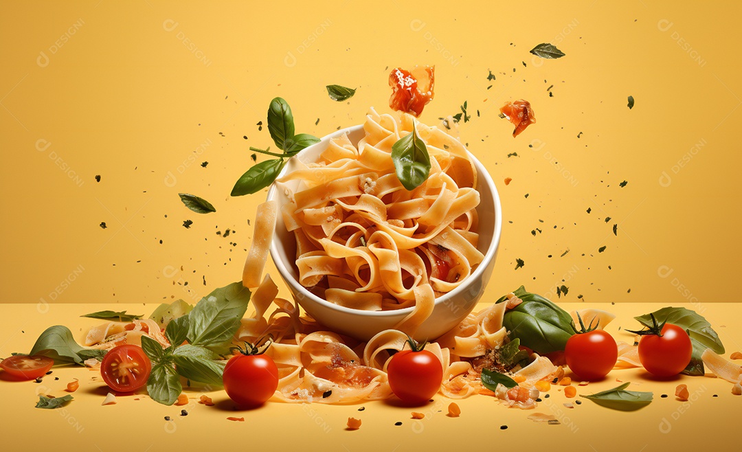 Delicioso prato de macarrão com molho de tomate e manjericão