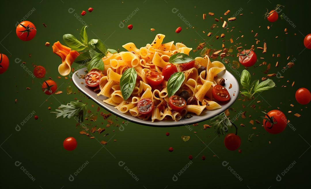 Delicioso prato de macarrão com molho de tomate e manjericão