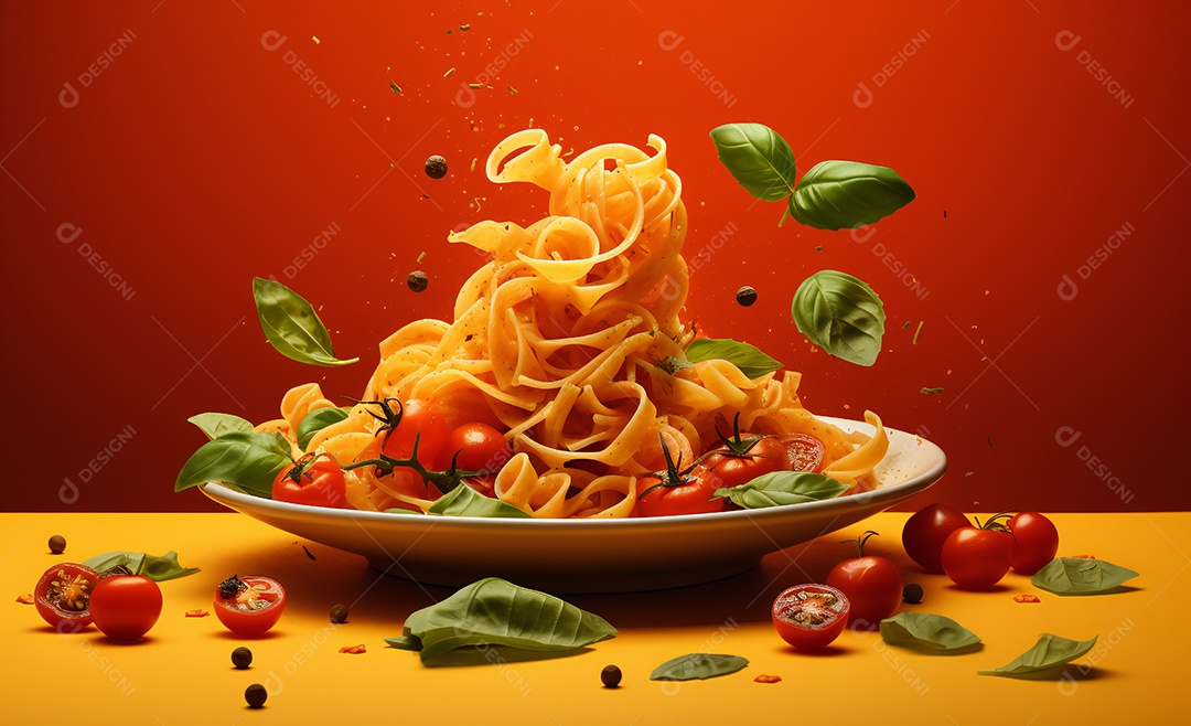 Delicioso prato de macarrão com molho de tomate e manjericão