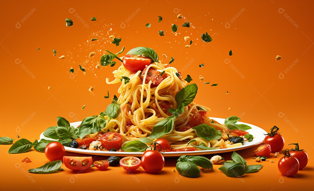 Delicioso prato de macarrão com molho de tomate e manjericão