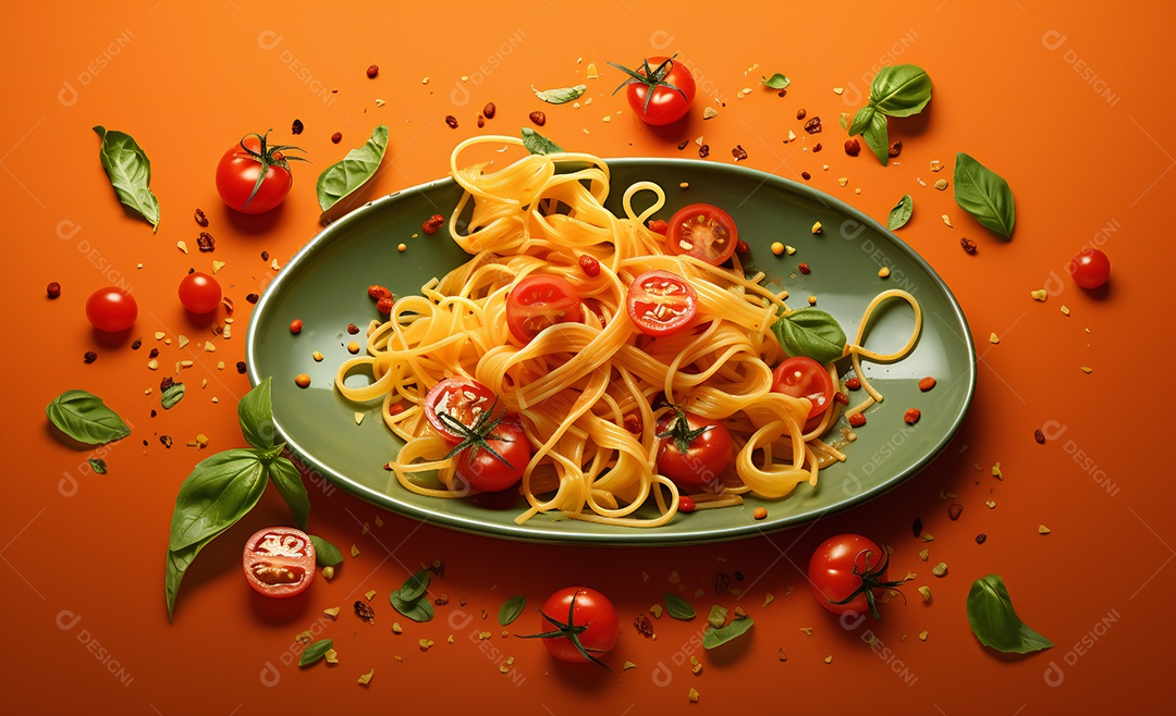 Delicioso prato de macarrão com molho de tomate e manjericão