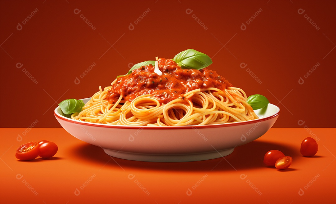 Delicioso prato de macarrão com molho a bolonhesa e manjericão