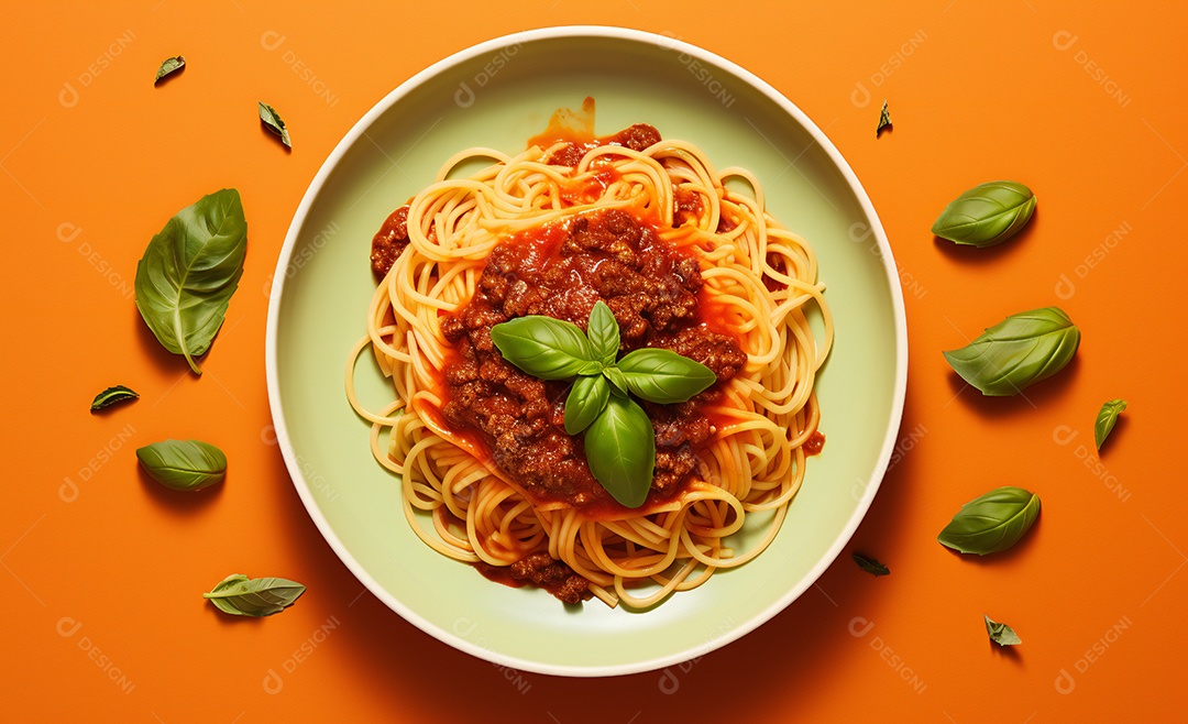 Delicioso prato de macarrão com molho a bolonhesa e manjericão