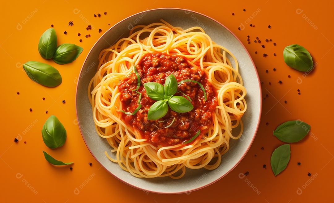 Delicioso prato de macarrão com molho a bolonhesa e manjericão