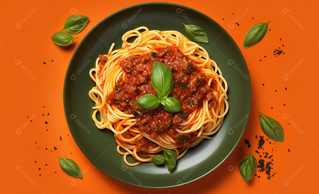Delicioso prato de macarrão com molho a bolonhesa e manjericão
