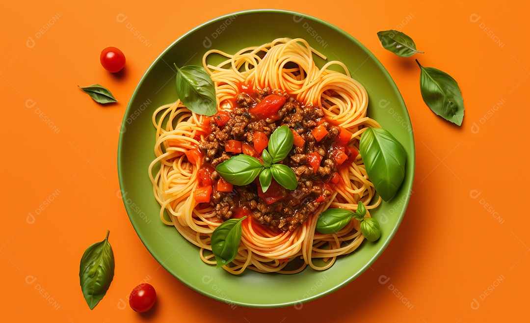 Delicioso prato de macarrão com molho a bolonhesa e manjericão