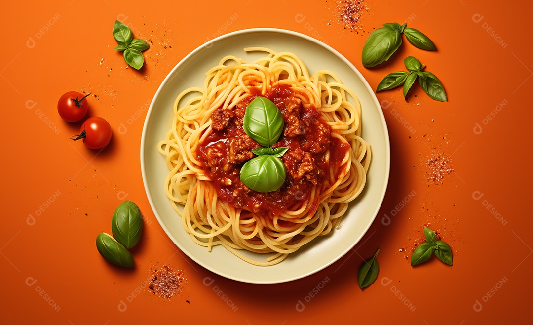 Delicioso prato de macarrão com molho a bolonhesa e manjericão