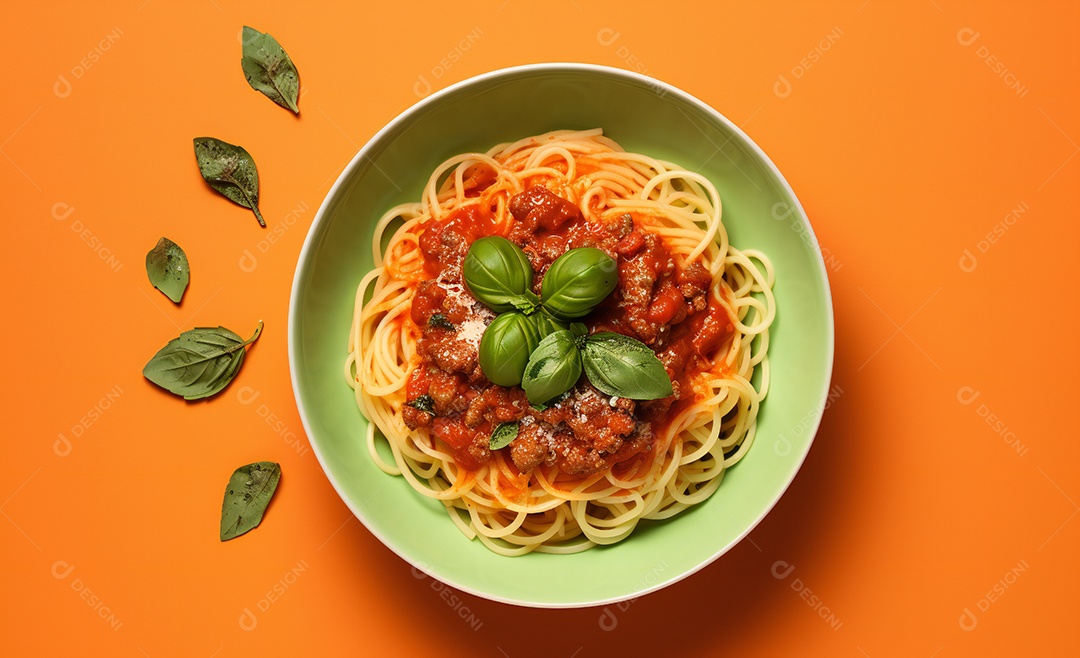 Delicioso prato de macarrão com molho a bolonhesa e manjericão