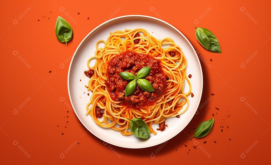 Delicioso prato de macarrão com molho a bolonhesa e manjericão