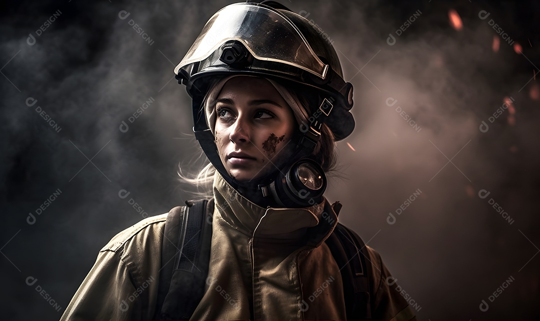 Vista de um bombeiro apagando incêndio