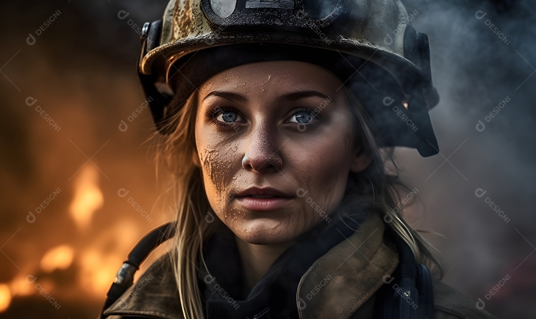 Vista de uma mulher bombeira apagando incêndio