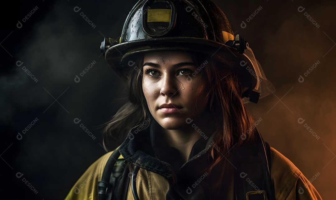 Vista de uma mulher bombeira apagando incêndio