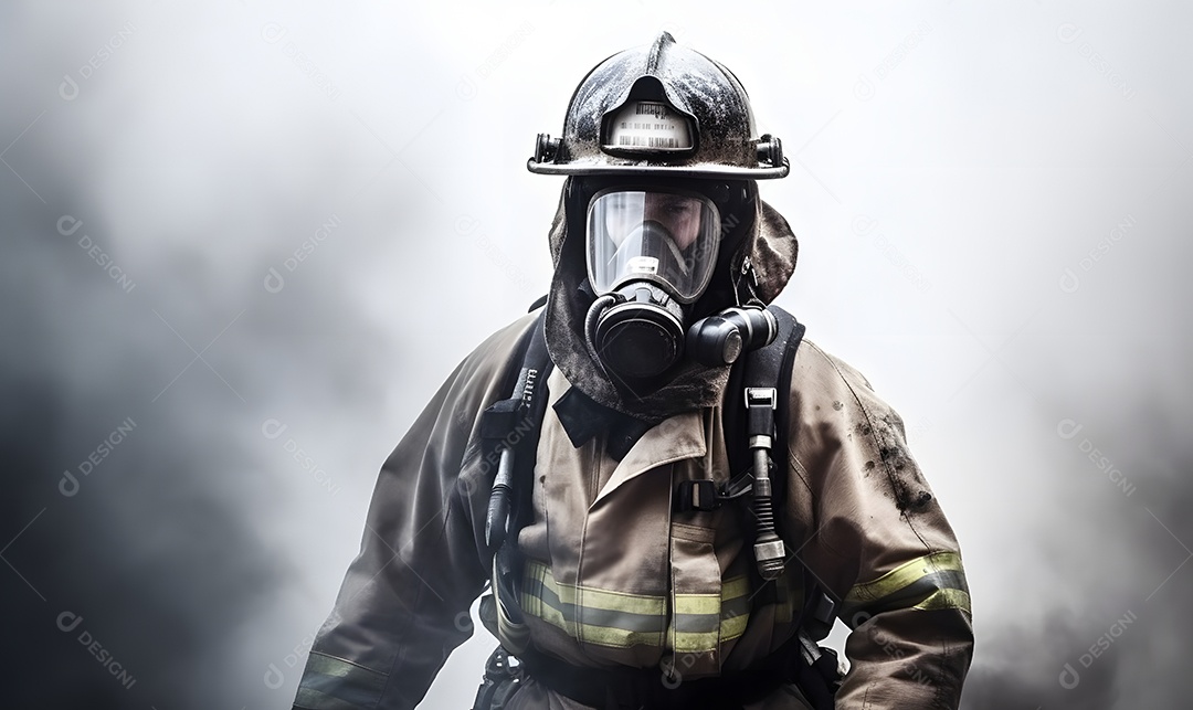 Vista de um bombeiro apagando incêndio