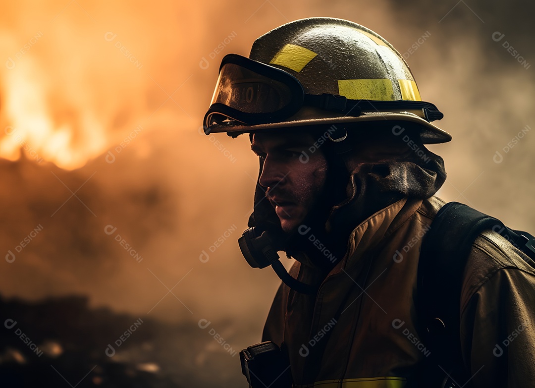 Vista de um bombeiro apagando incêndio