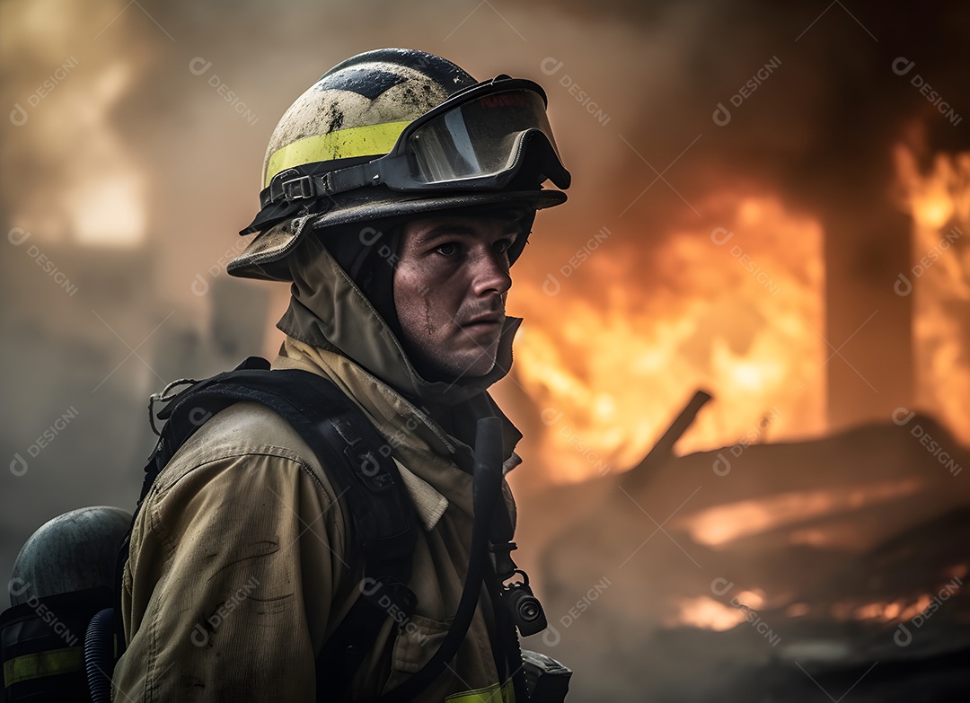 Vista de um bombeiro apagando incêndio