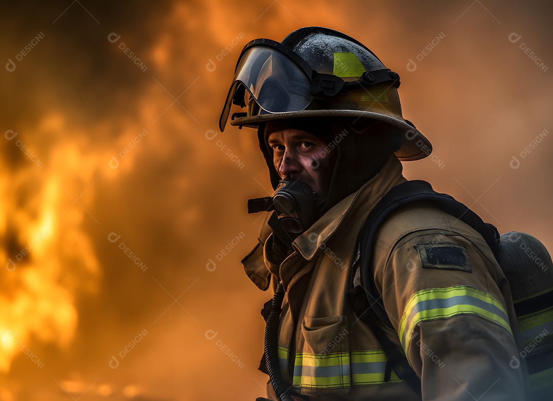 Vista de um bombeiro apagando incêndio