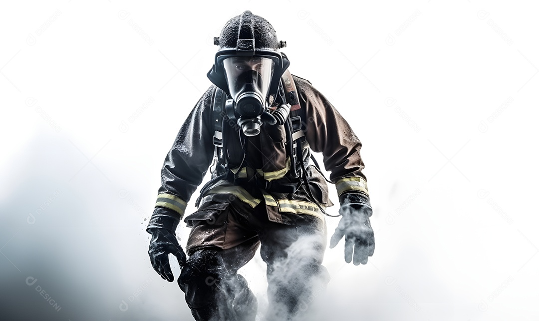 Vista de um bombeiro apagando incêndio