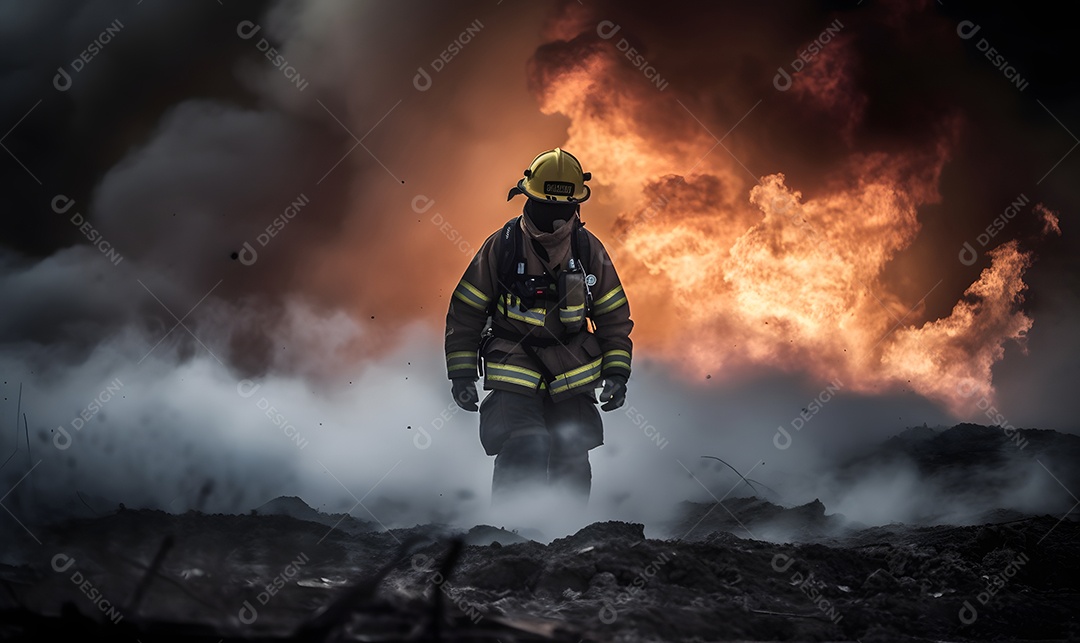 Vista de um bombeiro apagando incêndio