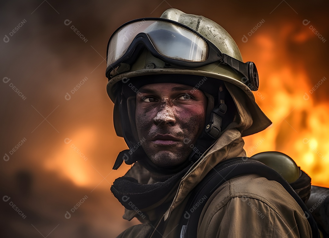 Vista de um bombeiro apagando incêndio