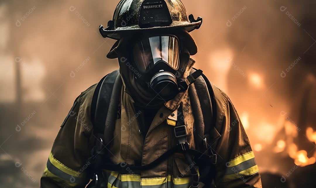 Vista de um bombeiro apagando incêndio