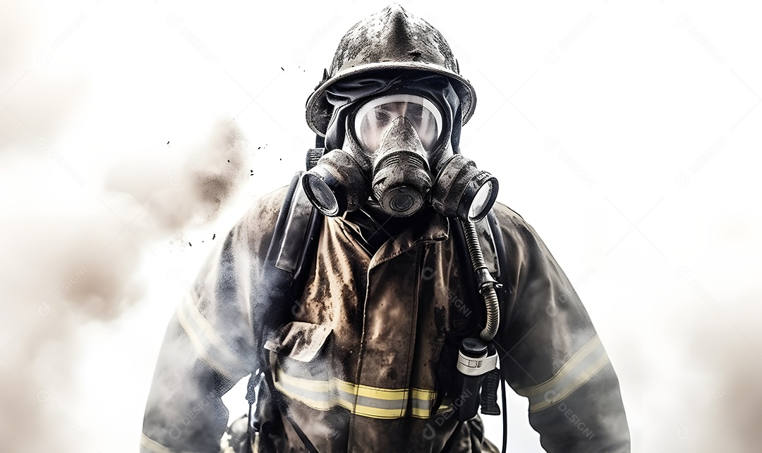 Vista de um bombeiro apagando incêndio